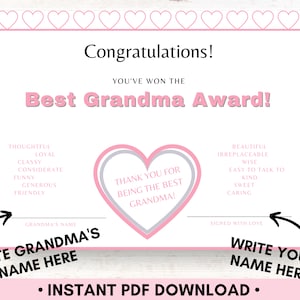 Certificado de premio a la mejor abuela, gran regalo de último minuto, regalo del día de la madre y del día de los abuelos, certificado divertido de agradecimiento para la abuela