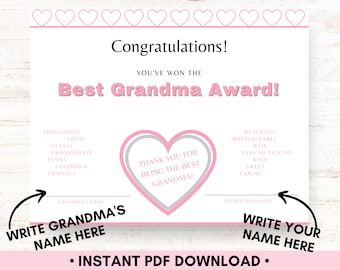 Best Grandma Award Certificate, Great Last Minute Gift, Mother's Day and Grandparent's Day Gift, Fun Certificate of Appreciation for Grandma