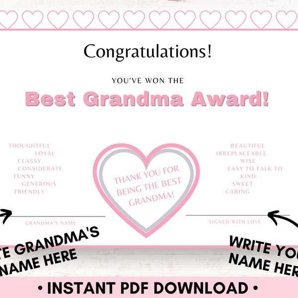 Best Grandma Award Certificate, Great Last Minute Gift, Mother's Day and Grandparent's Day Gift, Fun Certificate of Appreciation for Grandma