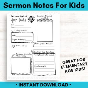 Sermon Notes for Kids, Printable Worksheet to Engage Elementary-Age Kids in Church, Sunday School Worksheet, Children&#39;s Bible Time Template
