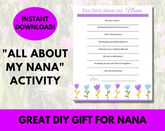 All About My Nana Printable Gift, Personalized Gift for Grandparent's Day or Birthday, Printable Activity Sheet for Kids, Gift for Grandma