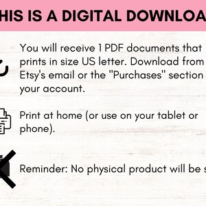 Pu&ograve; includere: Una grafica di download digitale con una freccia verso il basso, un'icona di stampante e una X rossa su una cassetta postale. Il testo recita "Questo &egrave; un download digitale. Riceverai 1 documento PDF che si stampa in formato lettera US. Scarica dalla email di Etsy o dalla sezione "Acquisti" del tuo account. Stampa a casa (o usa il tuo tablet o telefono). Promemoria: Nessun prodotto fisico verr&agrave; inviato."