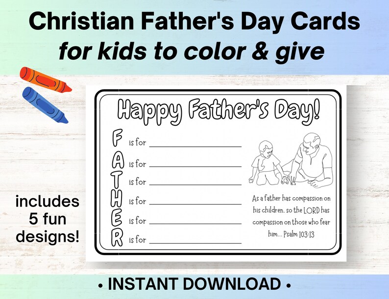 Christian Father's Day Cards for Kids To Color, DIY Gift for Dad with Bible Verse on Each Card, Printable Kids Craft, Preschool Craft PDF image 1