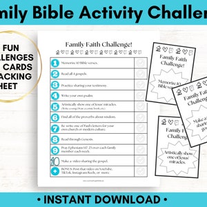 May include: A printable Family Bible Activity Challenge sheet with 10 challenges, including memorizing verses and sharing testimonies. The design includes a gold circular frame and additional cards with challenge prompts. The text reads "Instant Download."