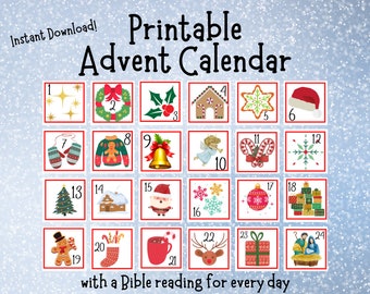 Printable Advent Calendar or Christmas Countdown Cards, Fun Christmas Graphics and 24 Bible readings, DIY Advent Activity - INSTANT DOWNLOAD