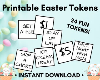 Last Minute Easter Tokens to Print at Home, Great for Easter Egg Hunts or Easter Basket Fillers, 24 Fun Reward Tickets, Printable PDF in B&W