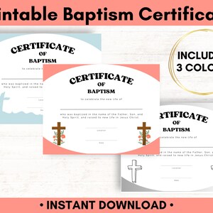 Certificado de bautismo imprimible, plantilla de certificado de bautismo cristiano, regalo rápido para bautismo de bebé, niño, ahijado o adulto - Descargar PDF