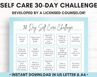 30 Day Self Care Challenge, Mental Health Worksheet, Includes Self Care Checklist and Tracker, 30 Day Challenge Template for a Month - PDF