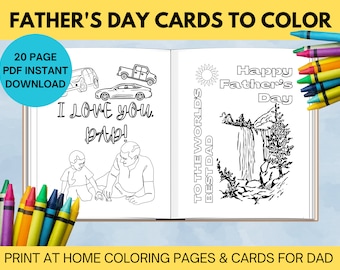 Father's Day Cards to Color, 20 Printable Coloring Pages for a DIY Gift for Dad or Fun Kids Activity With Dad, Day, Homemade Gift for Dad