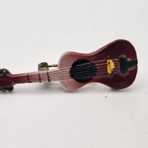 Vintage, Enameled , Gold Tone Metal, Guitar Brooch/Pin in Black, Brown with Yellow and Green Accents