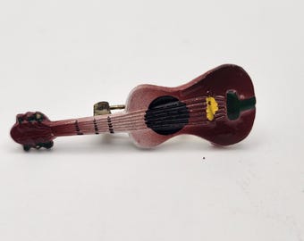 Vintage Enameled Guitar Brooch: Gold Tone Metal Pin