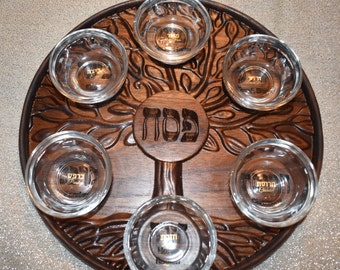 Walnut Seder Plate: Tree of Life, Gold-Leaf Pesach, Glass Bowls