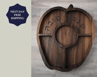 Wooden Rosh Hashanah Apple Tray: Shanah Tovah Walnut Serving Platter