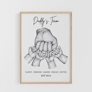 Personlised Daddy’s Team Print, Fist Pump Hands, Family, Up to 5 Children, Unframed, Fathers Day Gift, Gift for him