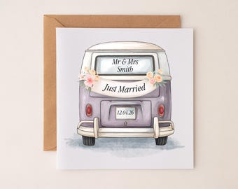May include: A square greeting card featuring a watercolor illustration of the back of a light purple camper van. A banner across the rear window reads Just Married, with Mr & Mrs Smith above it. A license plate displays the date 12.04.26.