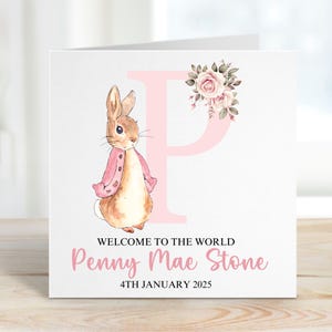 Personalised New Baby Card, Baby Girl Initial Card, Baby, New Baby, Welcome To The World Gift, Bunny Rabbit Newborn Card