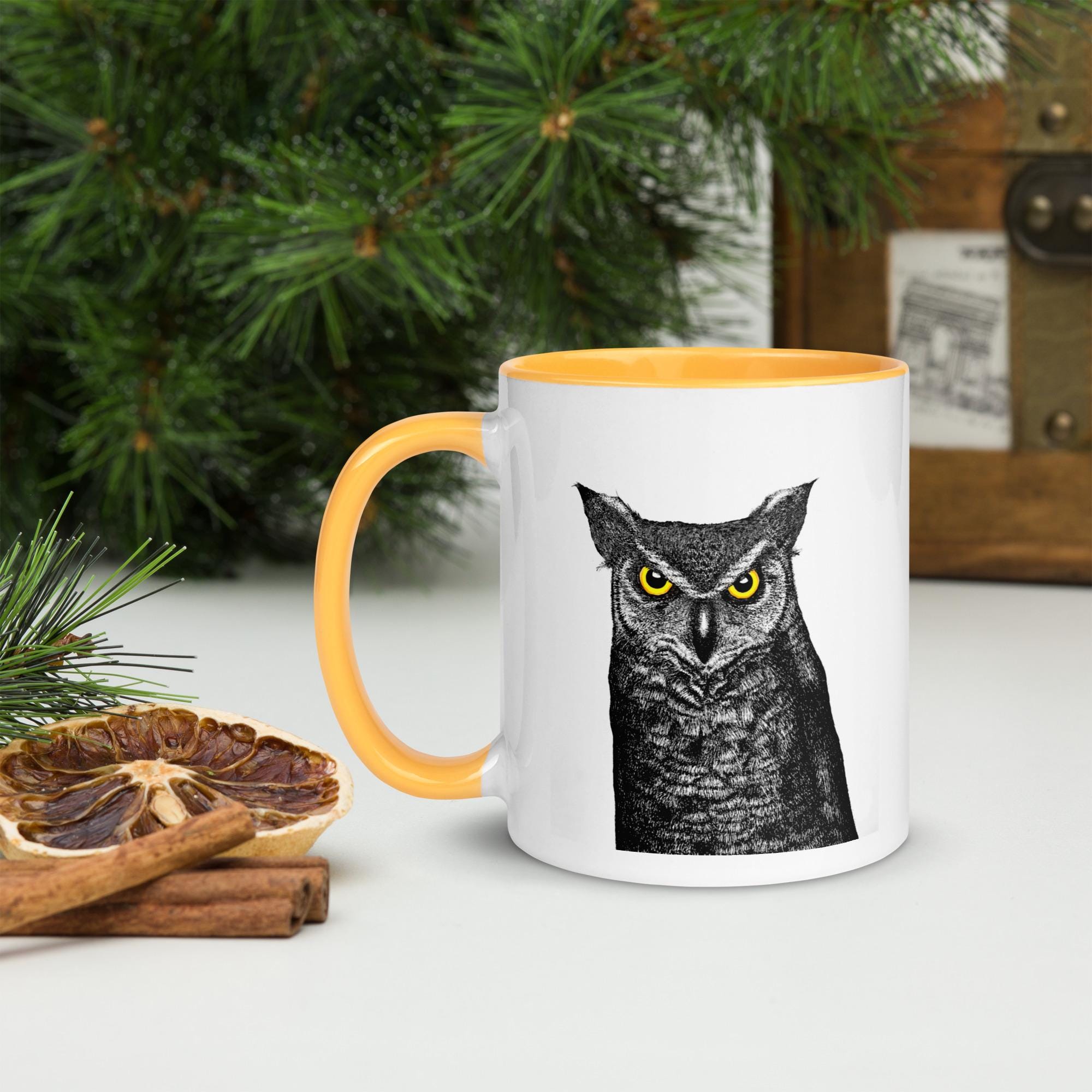 Great Horned Owl Mug | Ink Drawing with Glowing Eyes | Wildlife Coffee Cup, Gift for Owl Lovers