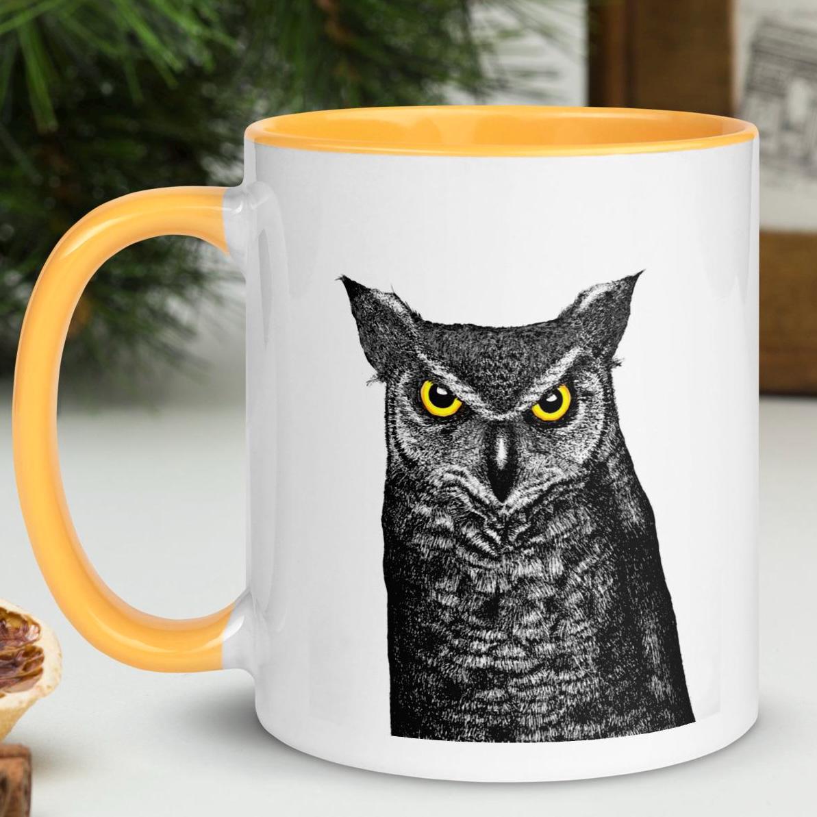 Horned Owl Mug – Wildlife Coffee Cup from Hand Drawn Ink Pieced