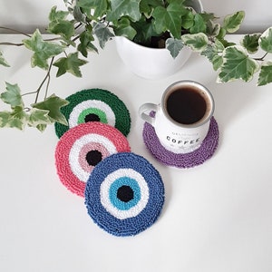 Evil Eye Punch Needle Coasters: Handmade Tufted Mug Coaster