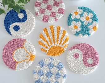Handmade Punch Needle Coaster: Yin Yang, Plant Embroidery, Checkered Mug