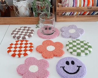 Punch Needle Coaster: Green Checkered Plant Embroidery, Coffee & Tea Lover Gift