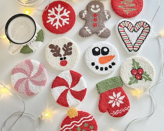 Handmade Punch Needle Christmas Coasters: Holiday Mug Rug