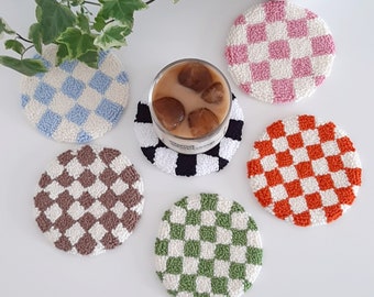 Posavasos de café a cuadros, arte con aguja perforada, posavasos para tazas, regalo para mamá