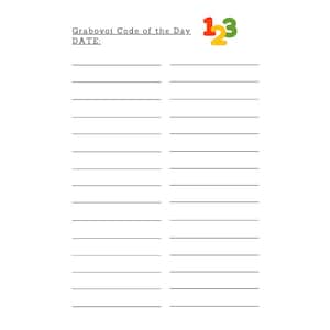 Op de afbeelding: Een blanco wit vel papier met de titel "Grabowski Code of the Day" en de datum bovenaan. De titel is in zwarte tekst en de datum is in grijze tekst. Er zijn 25 regels zwarte tekst op de pagina.