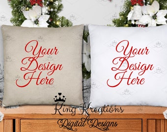 Christmas Pillow Mockup, 18x18 inch, white and faux burlap pillow mockup, 2 pillow mockup, double pillow