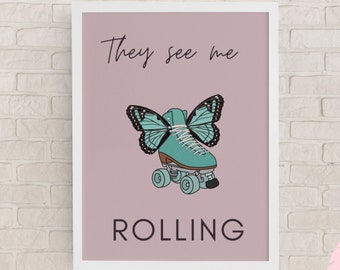 Ze zien me Rolling Wall Art, Rolschaatsen Originele Muurkunst, Rolschaatsen Muurkunst, Home Decor Cadeaus voor haar, Roller Derby Prints