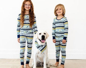 Chanukah Matching Bamboo Pajamas - Muzzle Tov Dogs Fair Isle Print - Bamboo Kids Two Piece Pajama Set