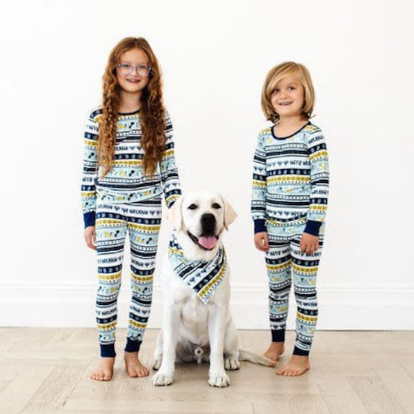 Chanukah Matching Bamboo Pajamas - Muzzle Tov Dogs Fair Isle Print - Bamboo Kids Two Piece Pajama Set