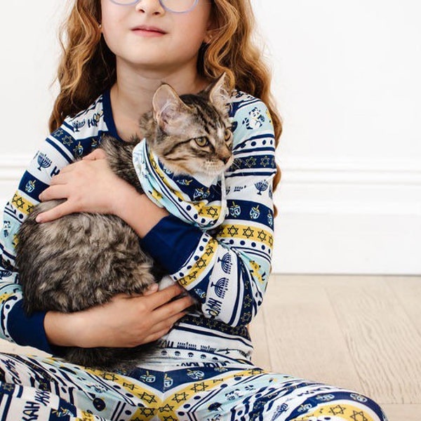 Chanukah Matching Bamboo Pajamas - Meowzel Tov Cats Fair Isle Print - Bamboo Two Piece Pajama Set