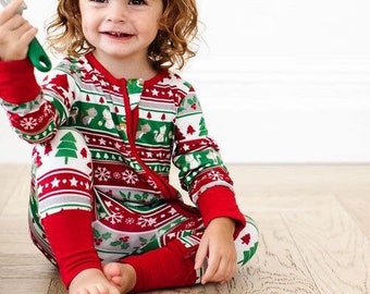 Infant Newborn Meowy Christmas Cats Zippy Pajamas - Convertible Footie Romper - Fair Isle Cats Print - Bamboo Sleeper Jammies