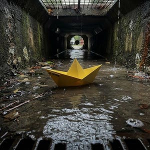 Op de afbeelding: Een felgeel papieren bootje drijft in een ondiepe plas water in een donkere betonnen rioolbuis. Het bootje staat centraal, omringd door natte bladeren en puin, met een metalen rooster zichtbaar aan het einde van de tunnel.