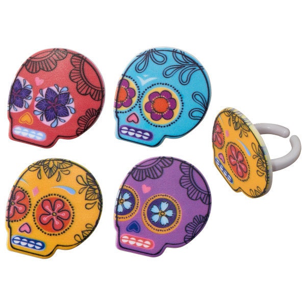 Día De Los Muertos Cupcake Rings, Sugar Skull Cupcake Rings, Cake Decorating Rings, Colorful Skull Rings Set of 12 Rings