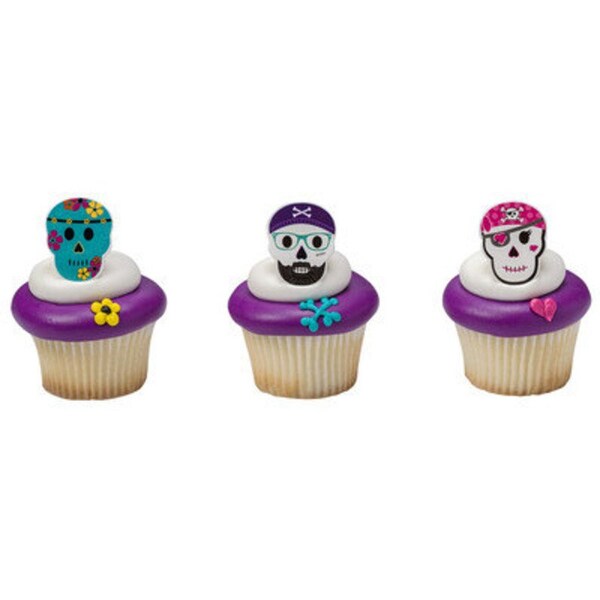 Hipster Pirate Day of the Dead Skull Cupcake Rings, Cupcake and Cake Decorations, Colorful Pirate Rings, Sugar Skull Rings, Asst. Set of 12