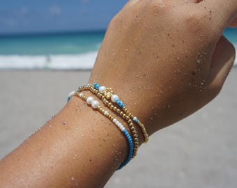 Blue and Gold Beaded Bracelet Stack