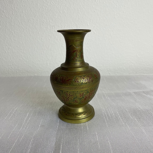 Vintage Brass Vase With Intricate Etched Pattern Colorful Made In India