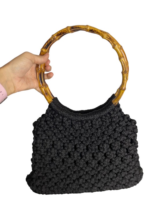 Black Macrame Purse With Round Bamboo Handle