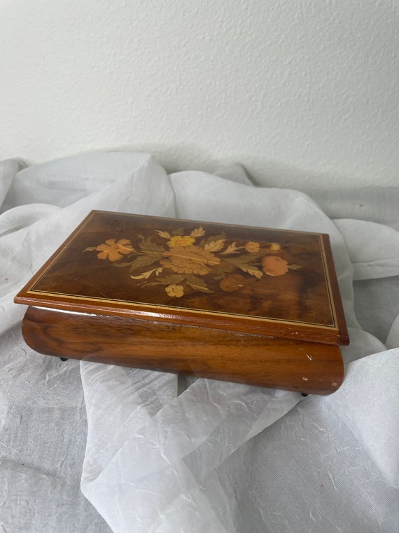 Vintage Reuge Wooden Jewelry Box Made in Italy Fl… Gem
