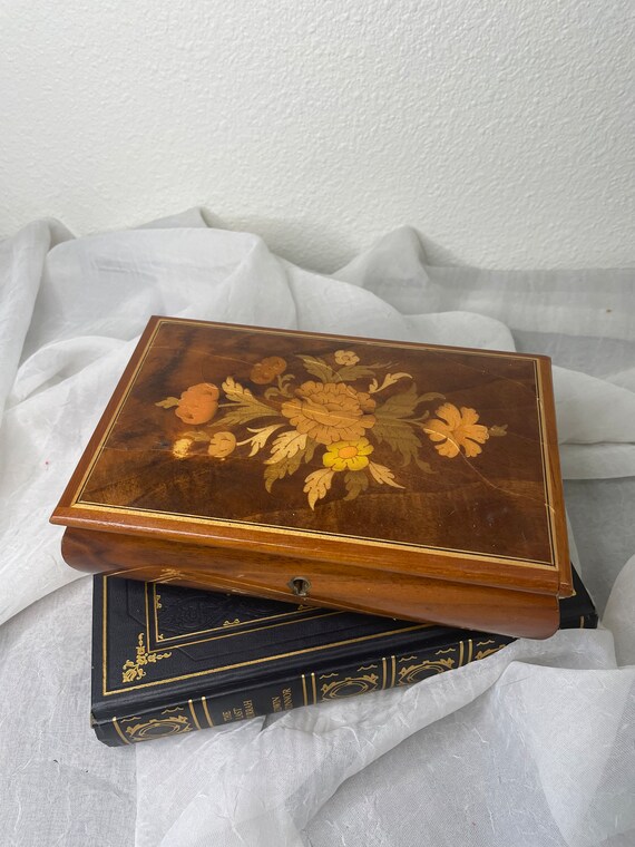 Vintage Reuge Wooden Jewelry Box Made in Italy Fl… Gem