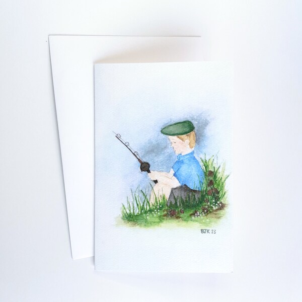 Fishing Watercolor Greeting Card - Vintage style Baby Children Childhood scenes Happy Farm Life