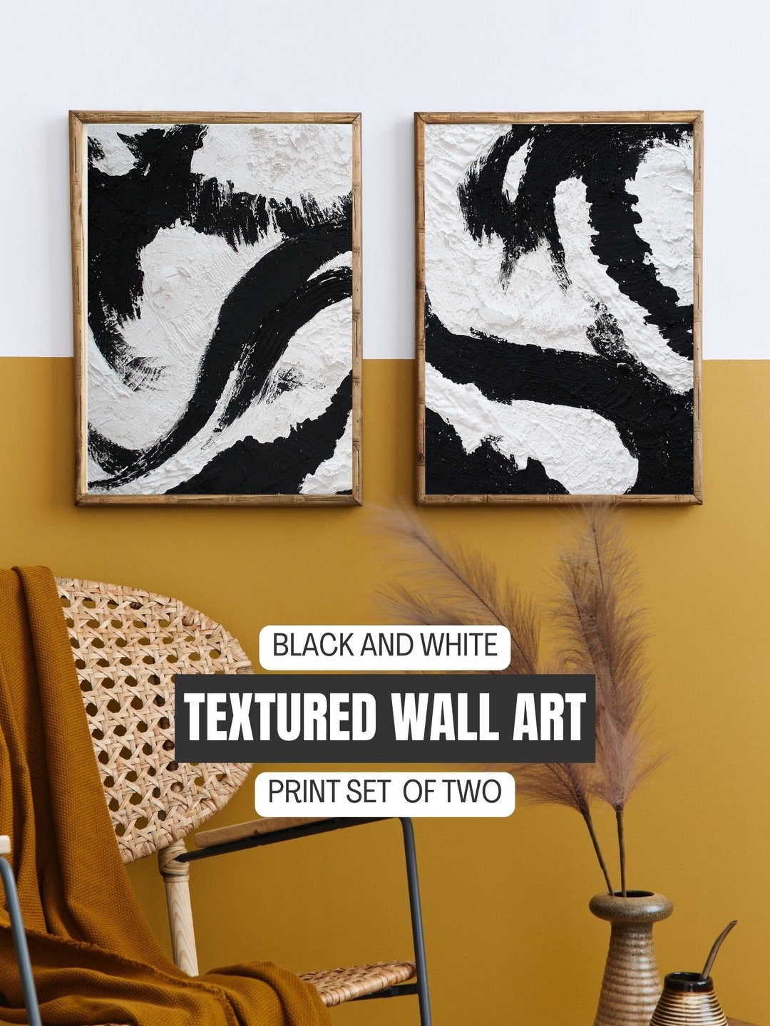 Wall Art Textured Canvas Art Black and White Wall Art Black Etsy