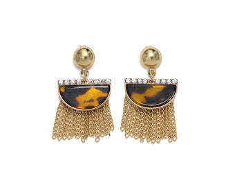 Gold Tortoise Shell and Crystal Tassel Dangle Earrings