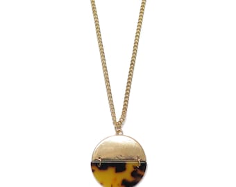 Long Gold Tortoise Shell Disc Necklace