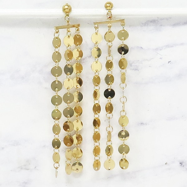 Gold Chandelier Multi Strand Disc Dangle Earrings