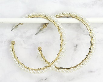 Gold Pearl Hoop Earrings