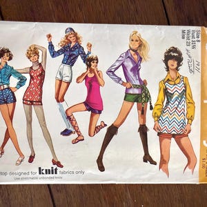 May include: Vintage Simplicity sewing pattern for a tank top, designed for knit fabrics. The illustration features six figures in various outfits, including shorts, tops, and a dress. The pattern is size 8, with a bust of 31.5 inches and a waist of 23 inches.