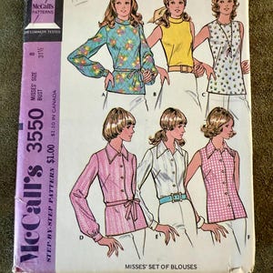 May include: Vintage McCall's 3550 sewing pattern for a set of Misses' blouses. The pattern cover features illustrations of the blouses in various styles, including floral, striped, and solid designs. The pattern is from 1973.